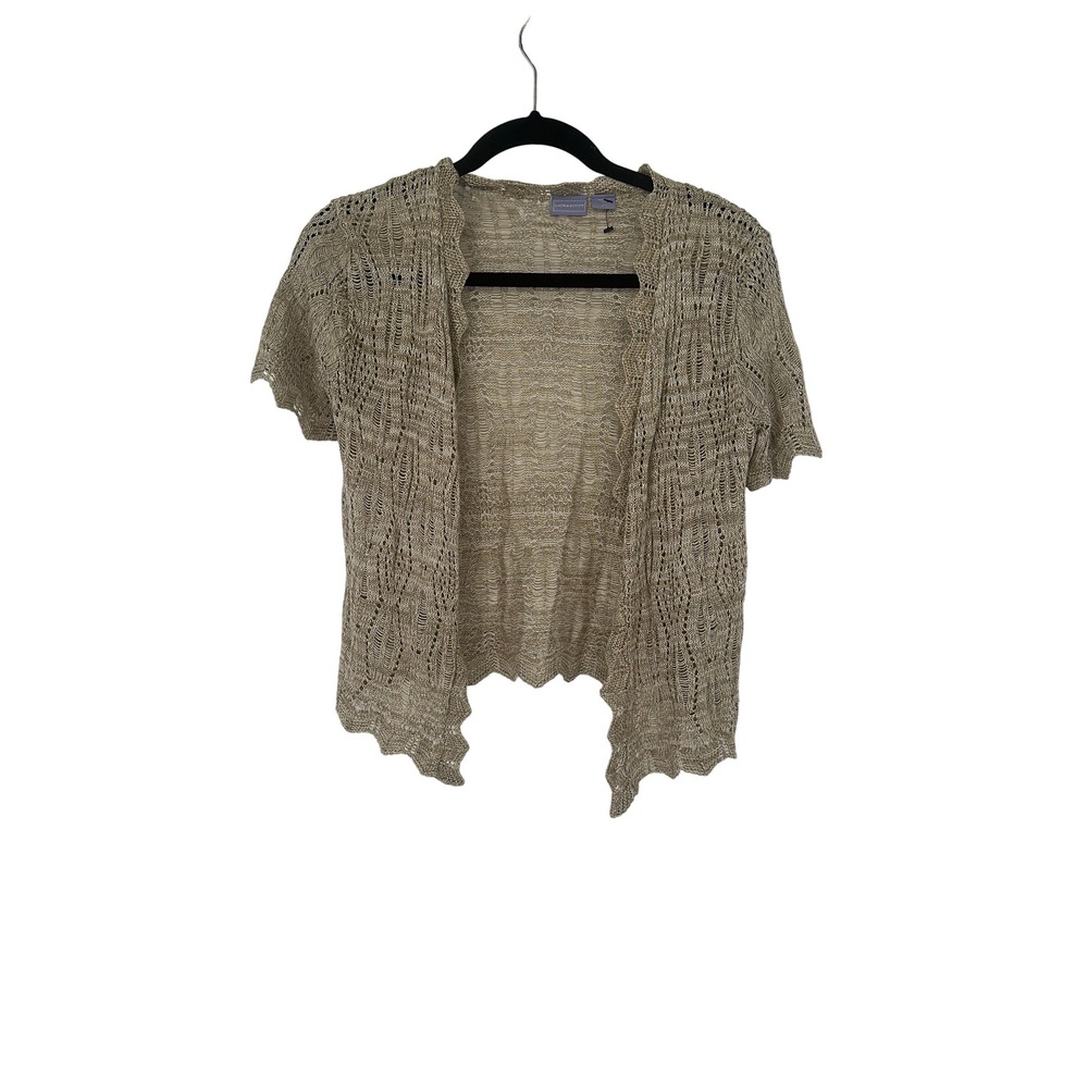 Laura Scott Crochet Knit‎ Cardigan Shrug Top Open Front Short Sleeve Beige S/P